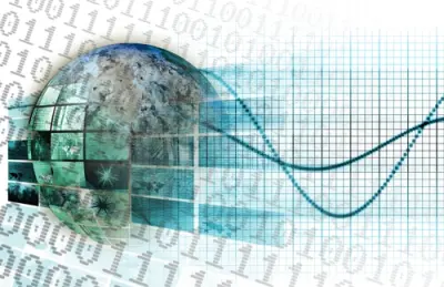 An abstract digital globe over a grid and data stream, representing a networked virtual company